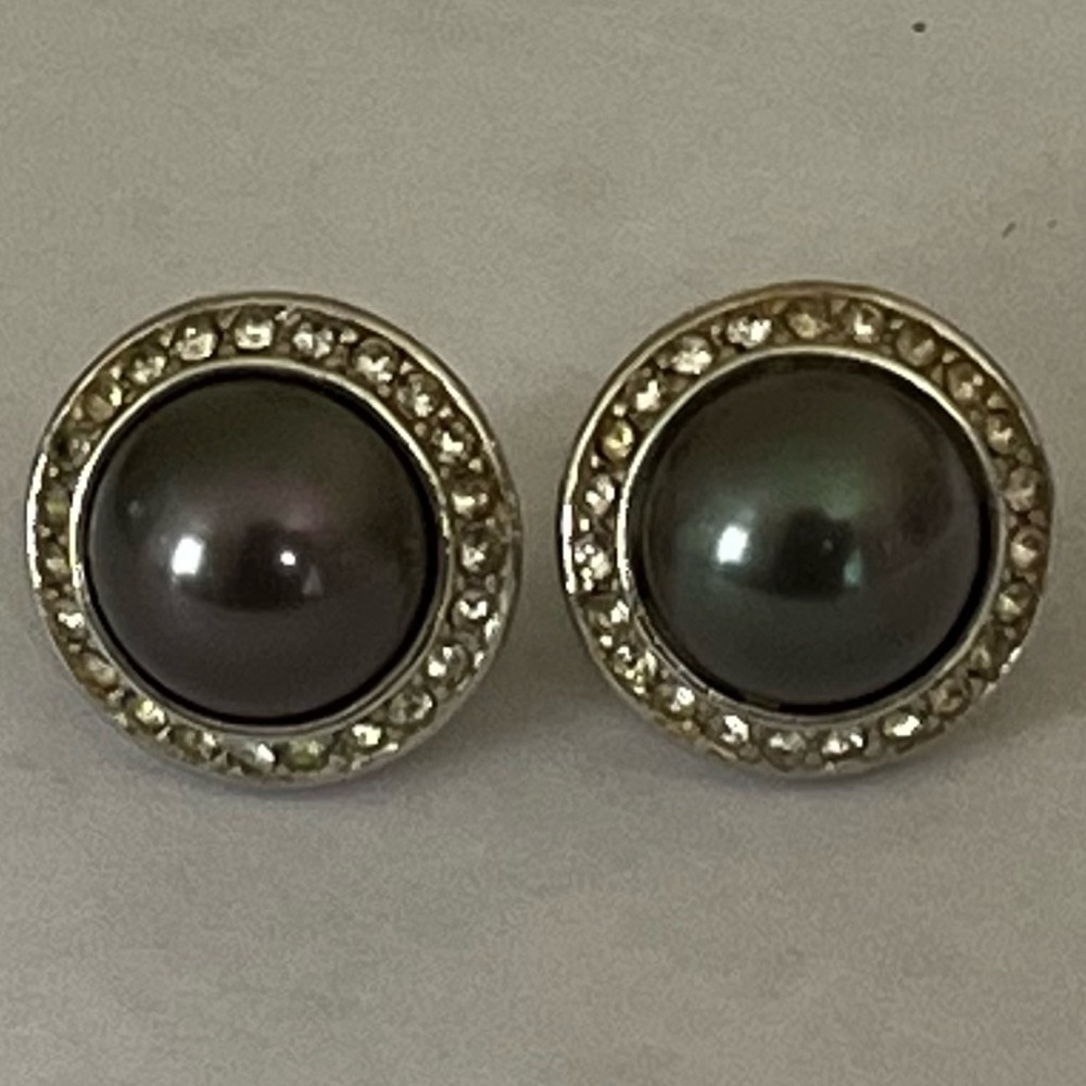VTG C. Dior Signed Black Grey Pearl Pierced Post Earrings Crystals Rhinestone